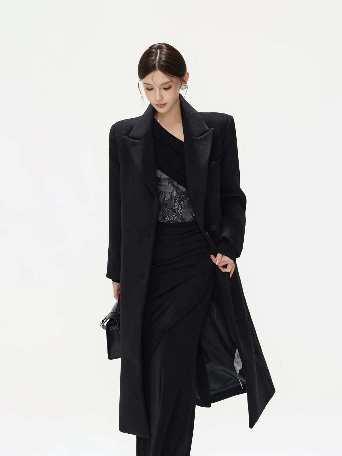 Black Tailored Wool Blend Long Coat