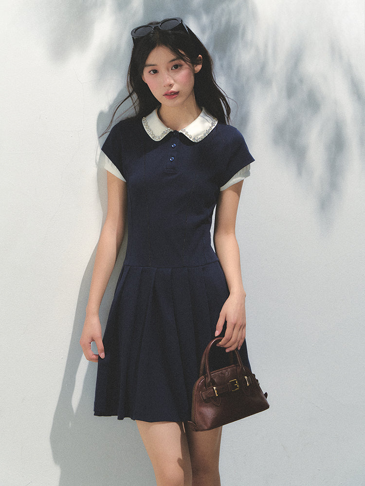 Polo Collar Rhinestone Pleated Dress