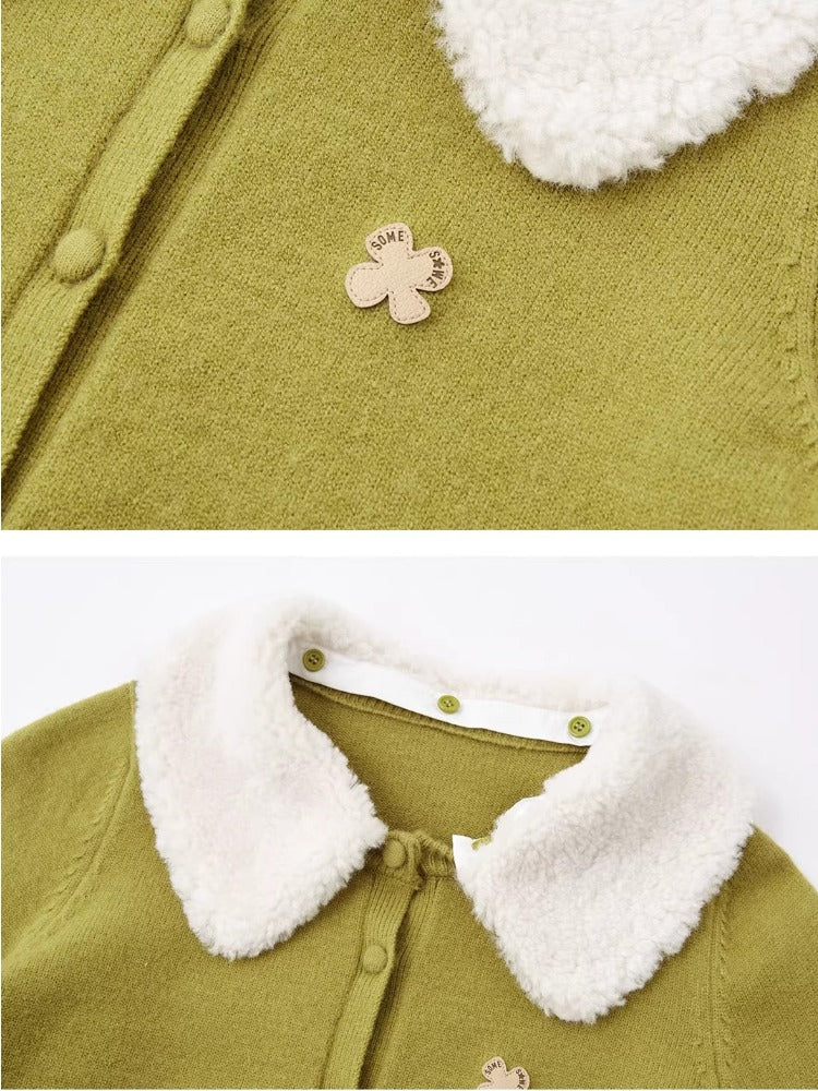 Green Detachable Fur Collar Cardigan