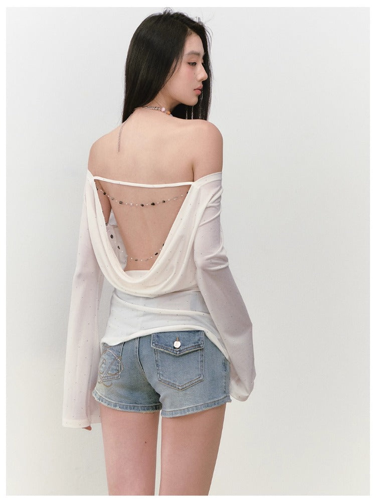 Off-Shoulder Backless Beaded Sun-protection T-shirt