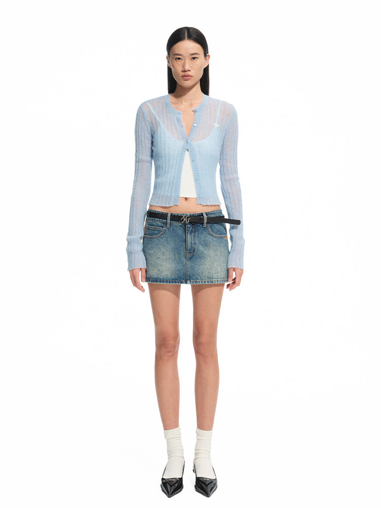 Vintage Washed Twill Patchwork Leather Straight Short Skirt