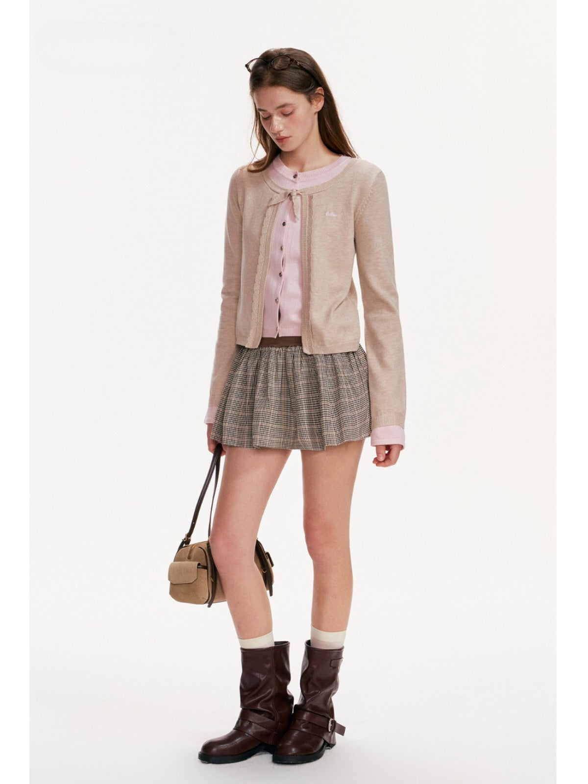 Contrast Layered Bow Knit Cardigan