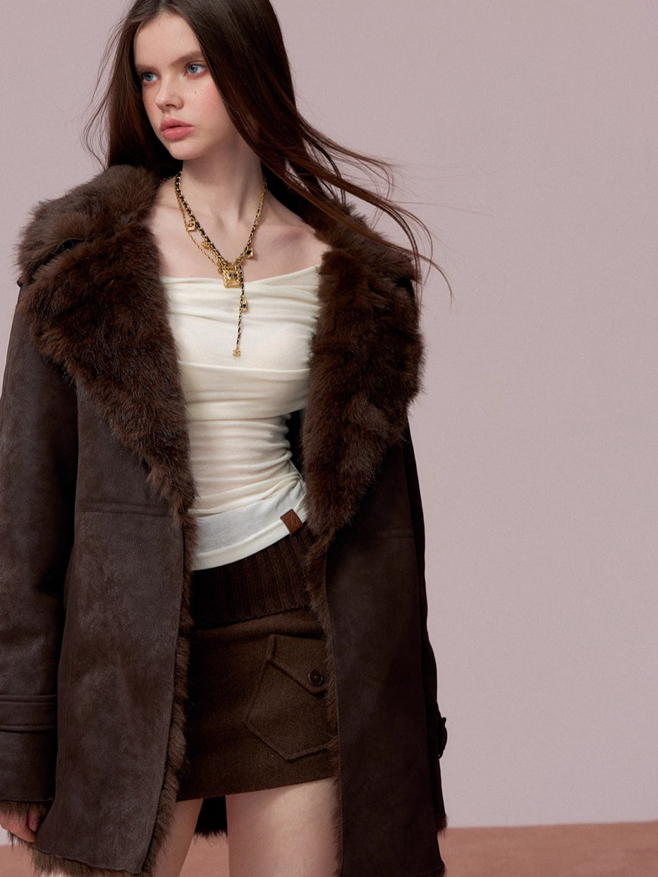 Faux Shearling-Lined PU Belted Coat
