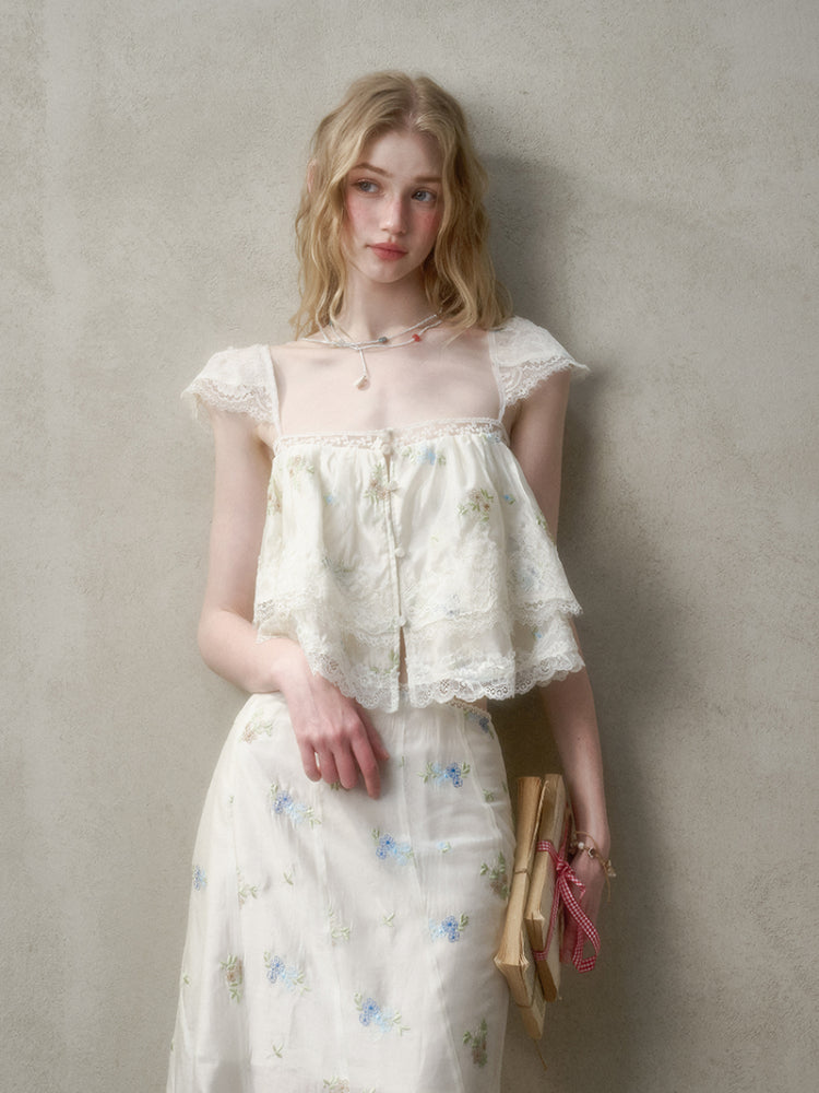 Lace Embroidery Flower French - Style Shirt & Skirt Set