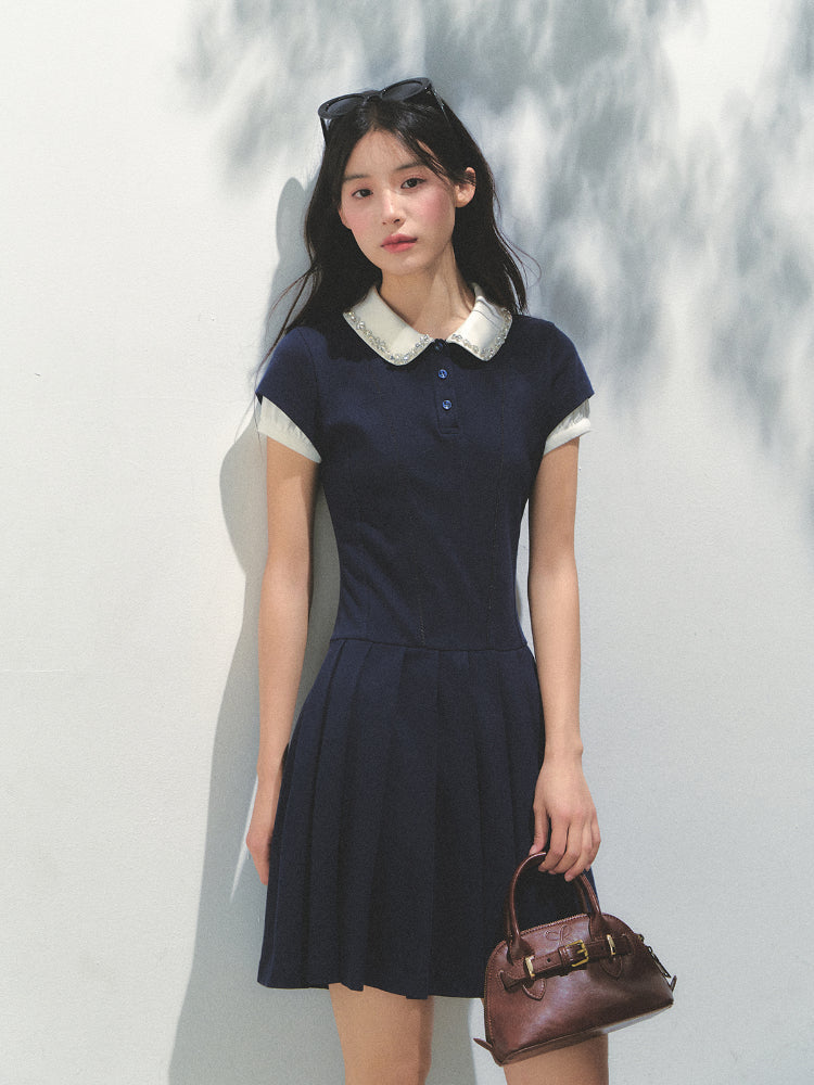 Polo Collar Rhinestone Pleated Dress