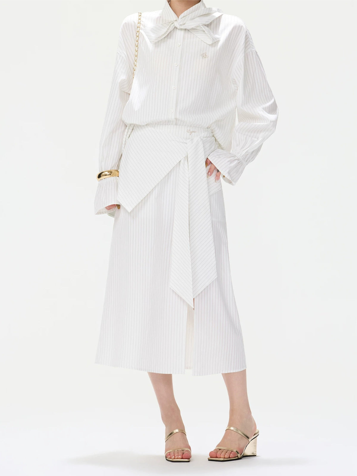 Striped Bow Shirt & Slit Skirt Set