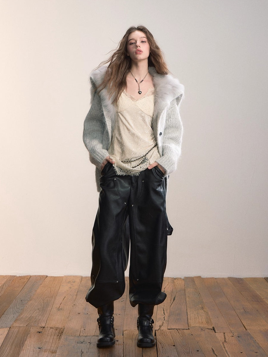 Fox Fur Large Notch Collar Cardigan