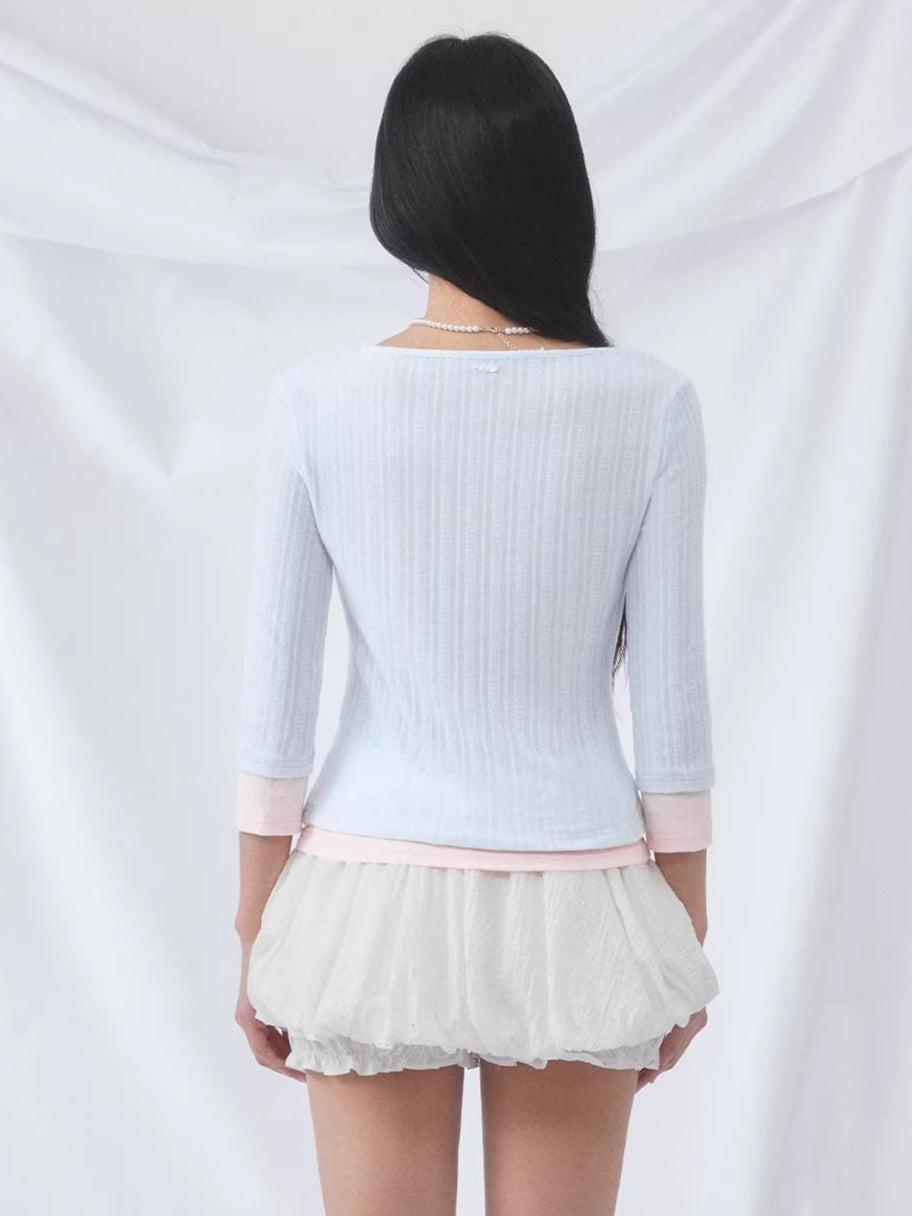 Light Blue Lace Panel Layered Top