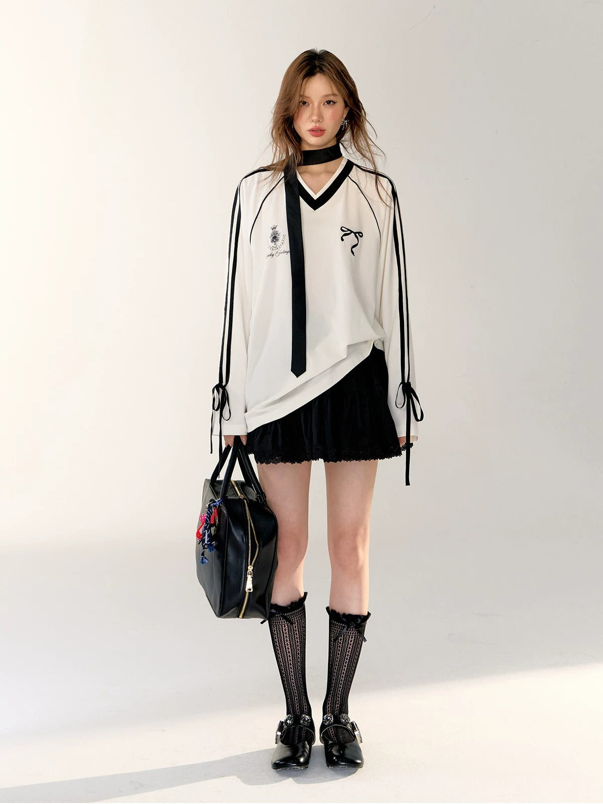 Contrast Bow Long Sleeve Tee