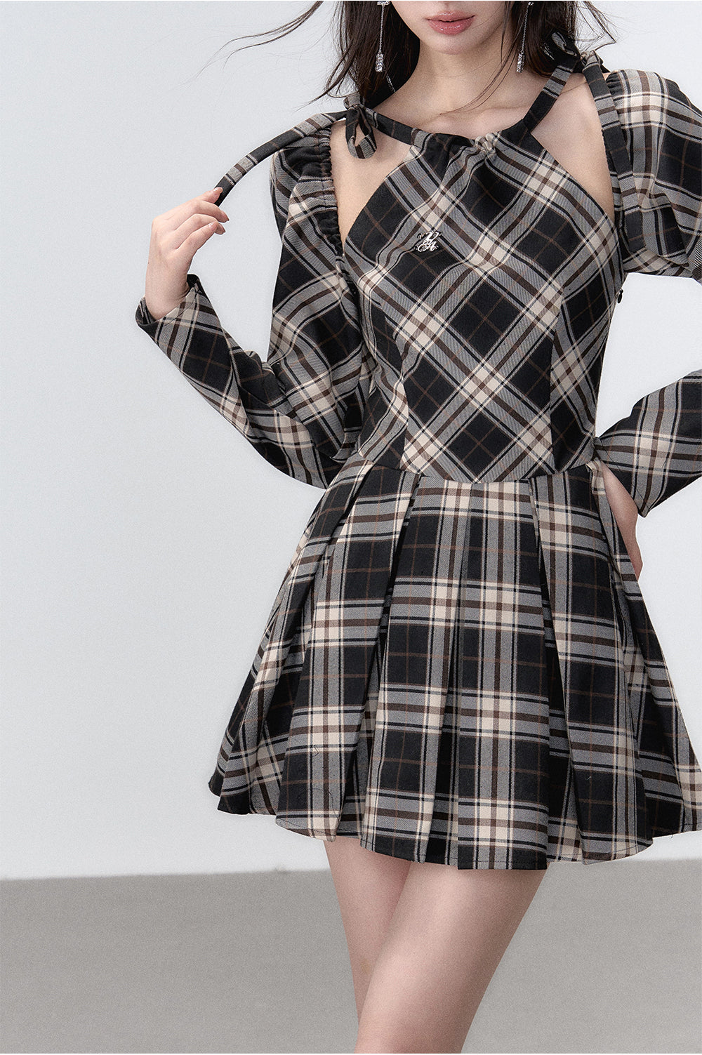 Black Plaid A-line Halter Mini Dress