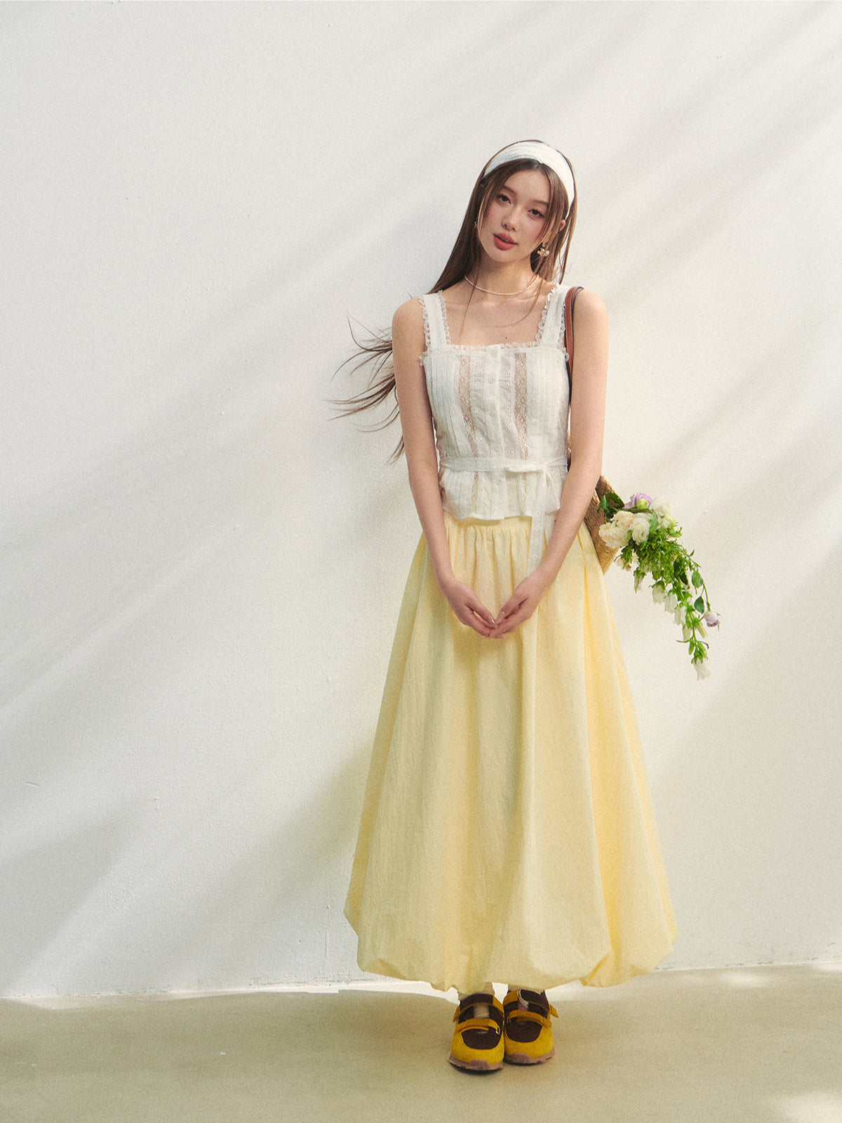 Hollow-out Lace-spliced Tie-up Vest