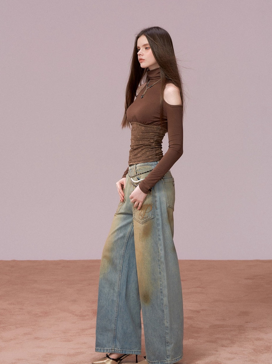 Lace Cold-Shoulder High Neck Long Sleeve Top