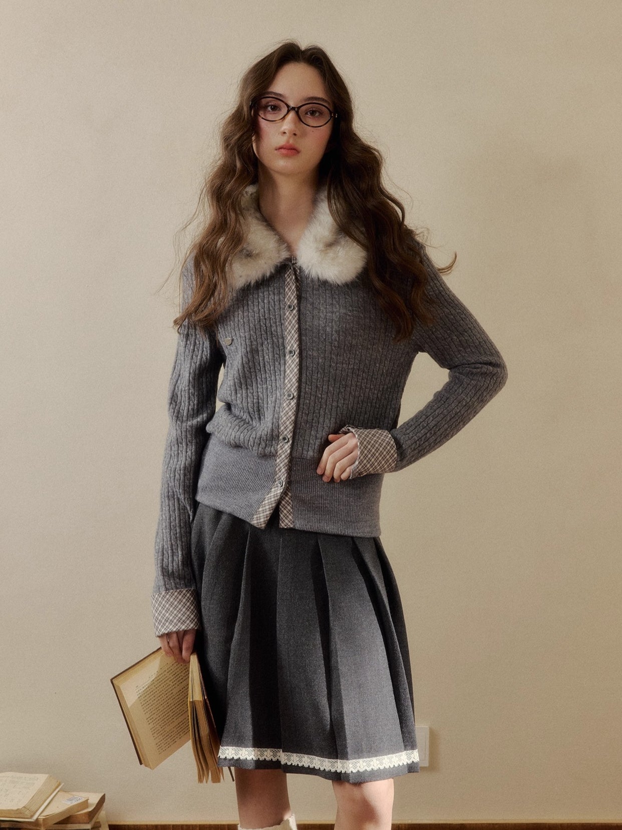 Fur-Collar Plaid Knit Cardigan