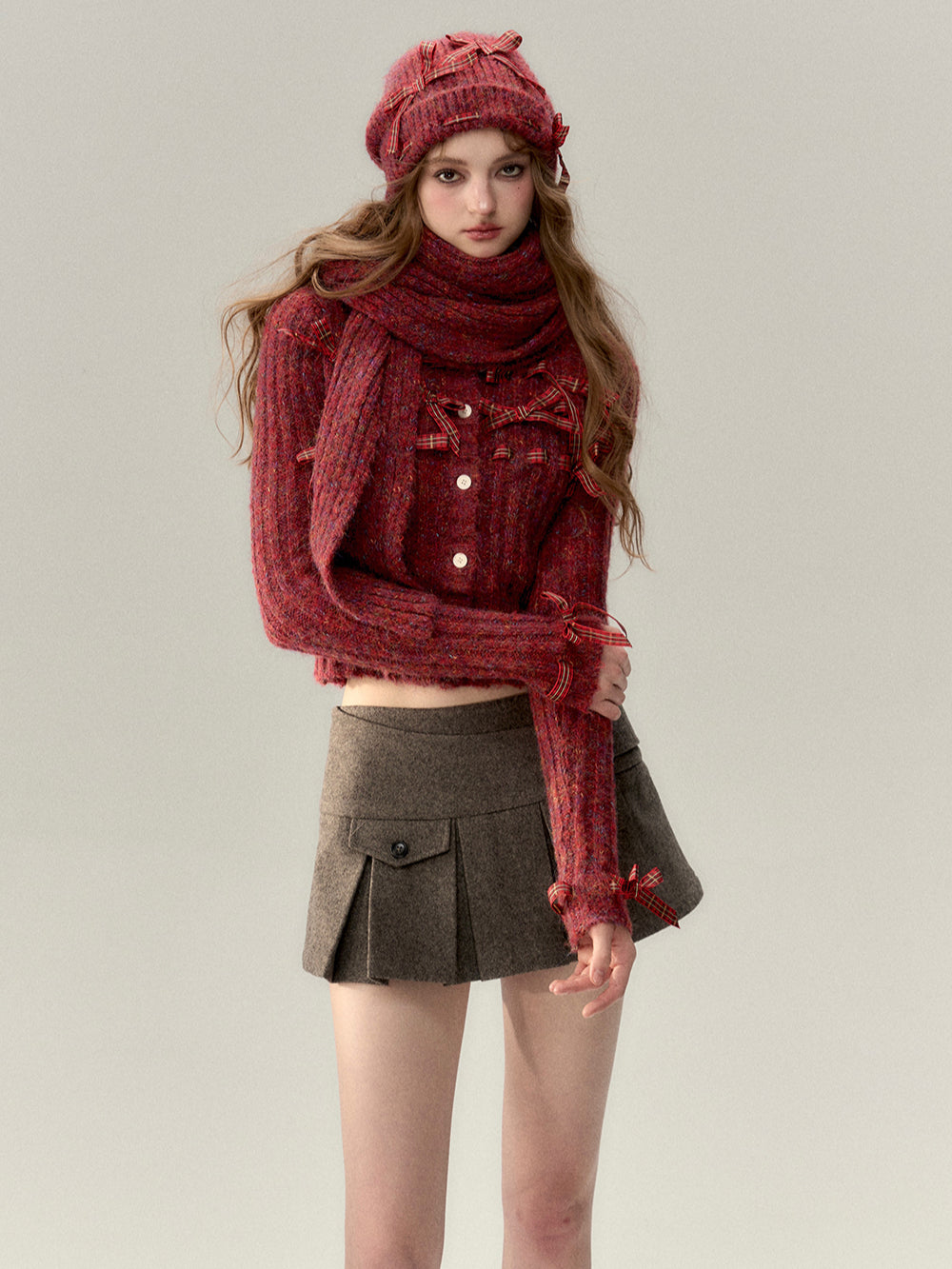 Bowknot Knit Cardigan & Hat & Scarf Set