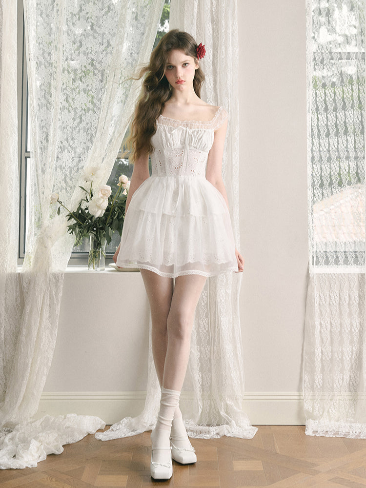 White Embroidered Puff Dress