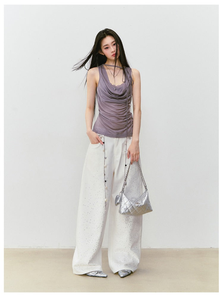 Fake Two-piece Spliced Lace Swing-neck Tank Top