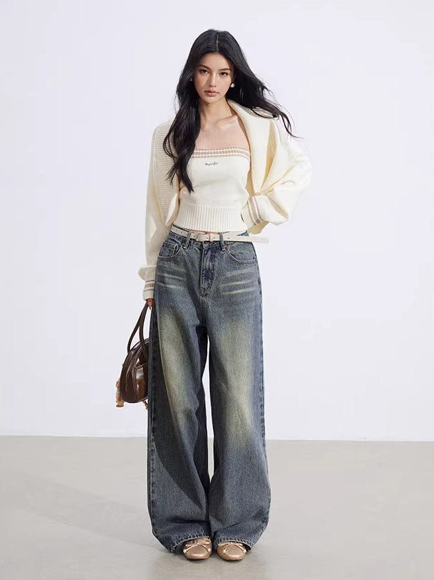 Gray & Beige Color-Block Cardigan Set