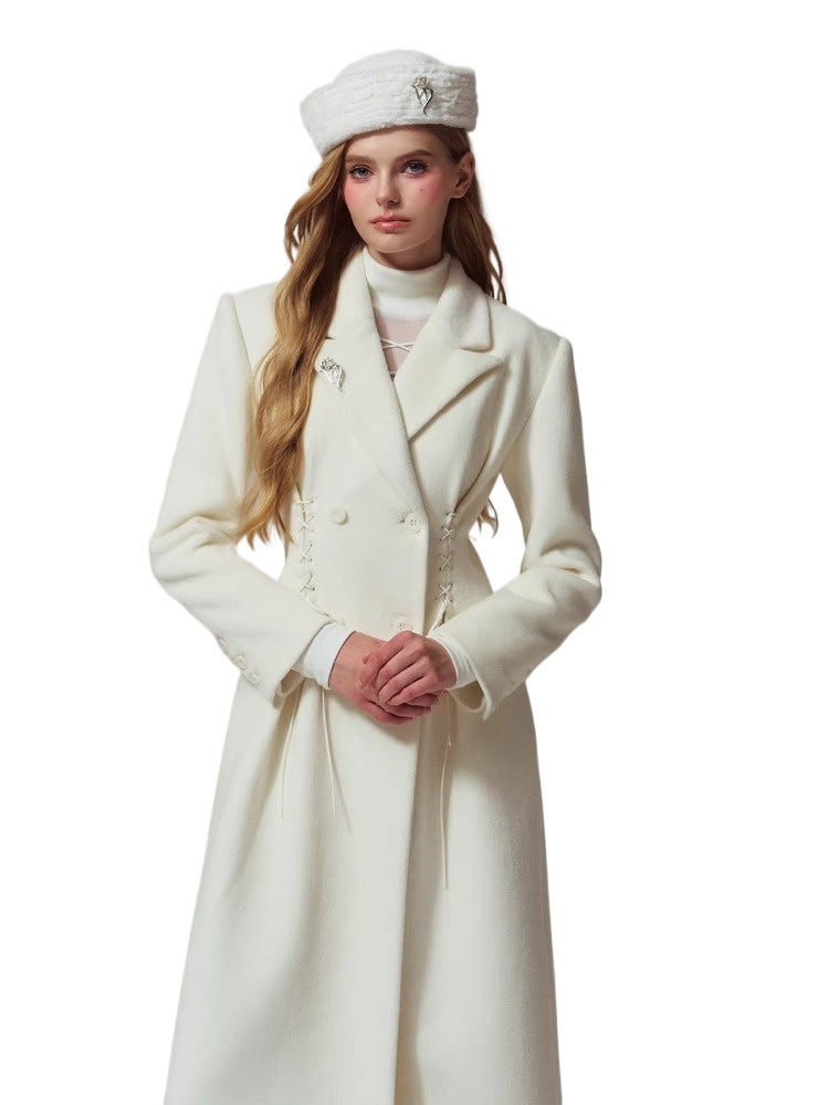 Laced Waist Double Breasted Wool Coat