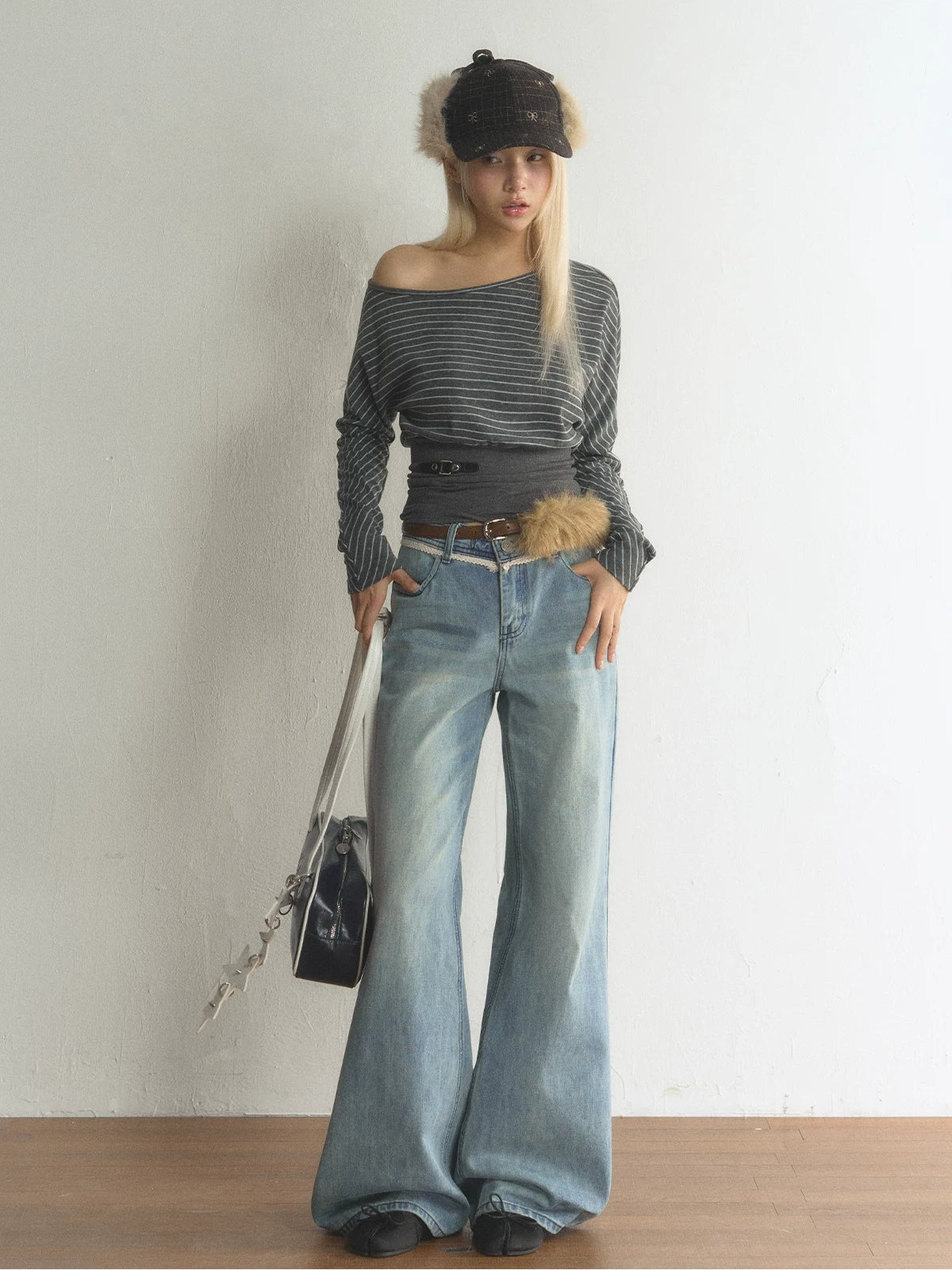 Striped Asymmetric Neck Layered T-Shirt