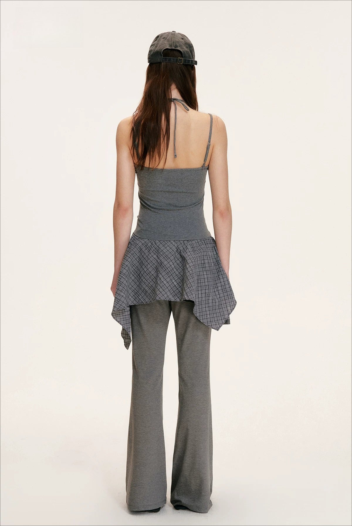 Gray Layered Plaid Halter Dress