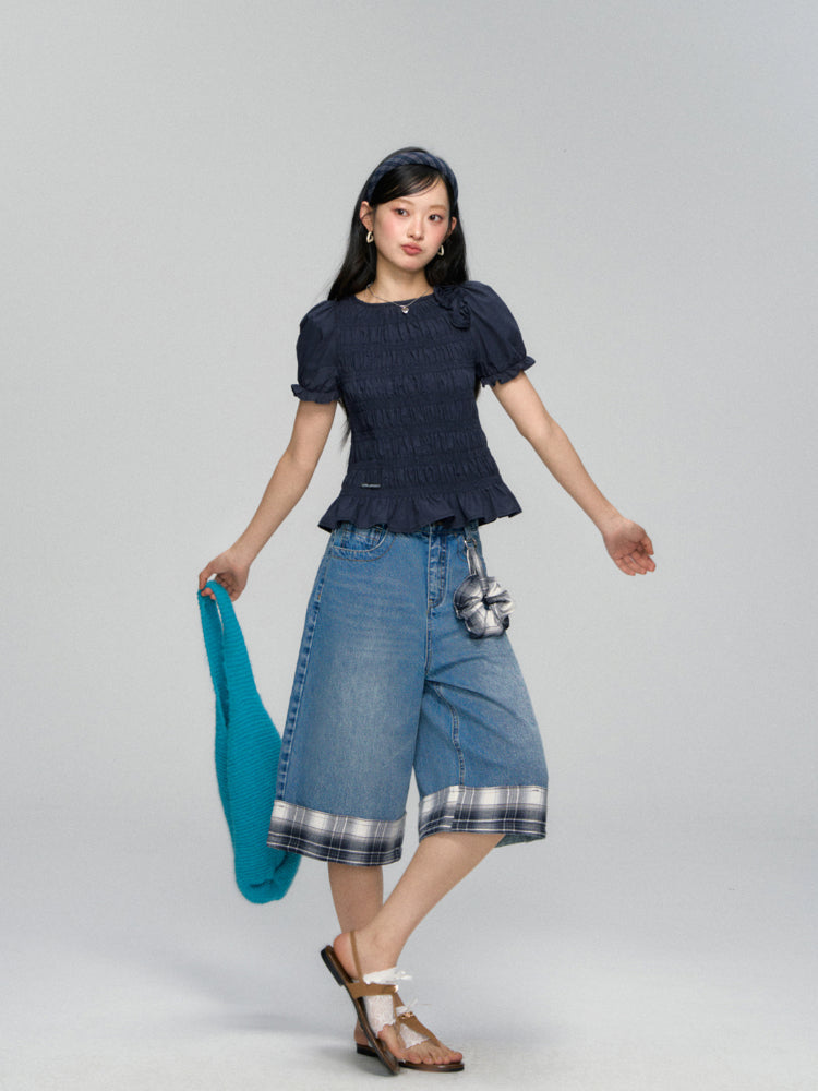 Checkered Patchwork Color-Blocking Wide-Leg Pants Set