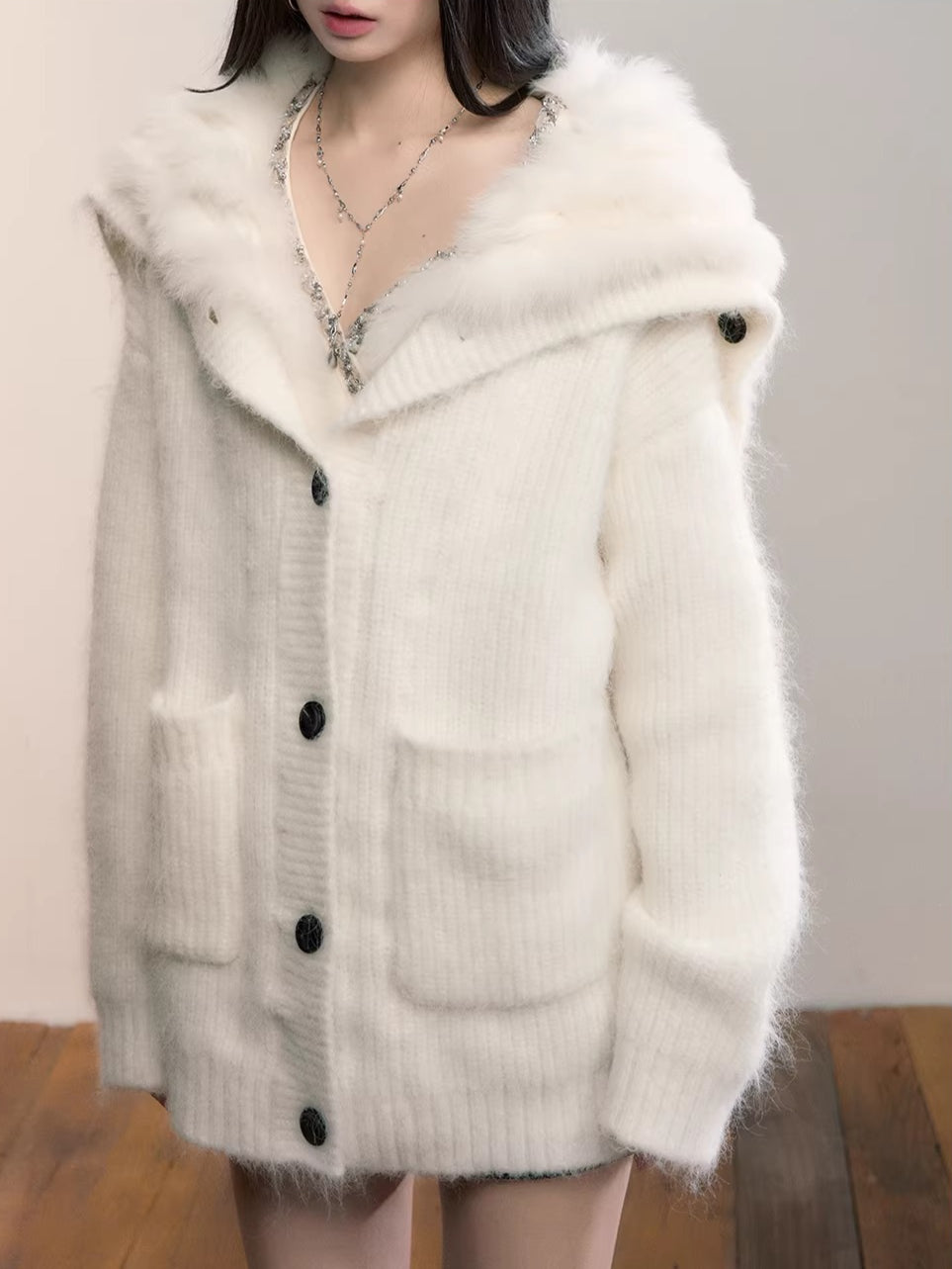 Fox Fur Large Notch Collar Cardigan