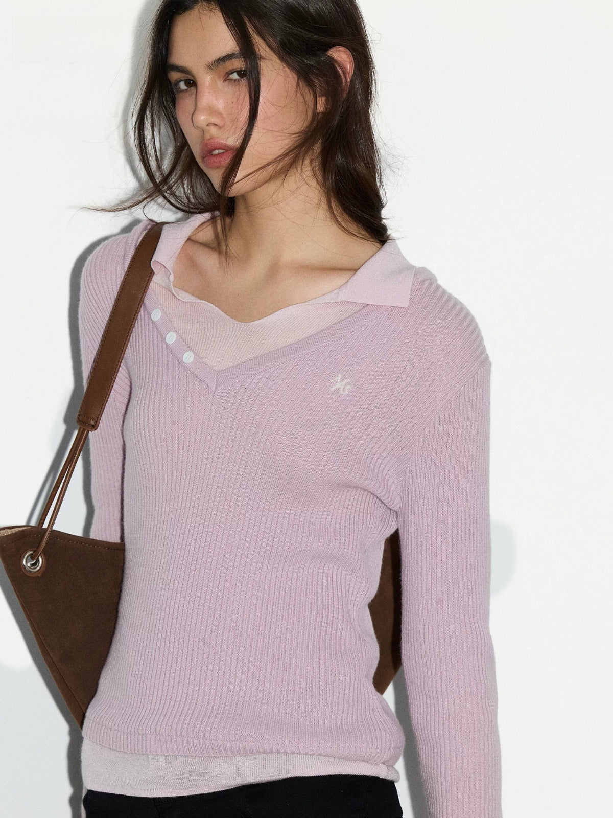 Contrast Layered V-Neck Wool Sweater