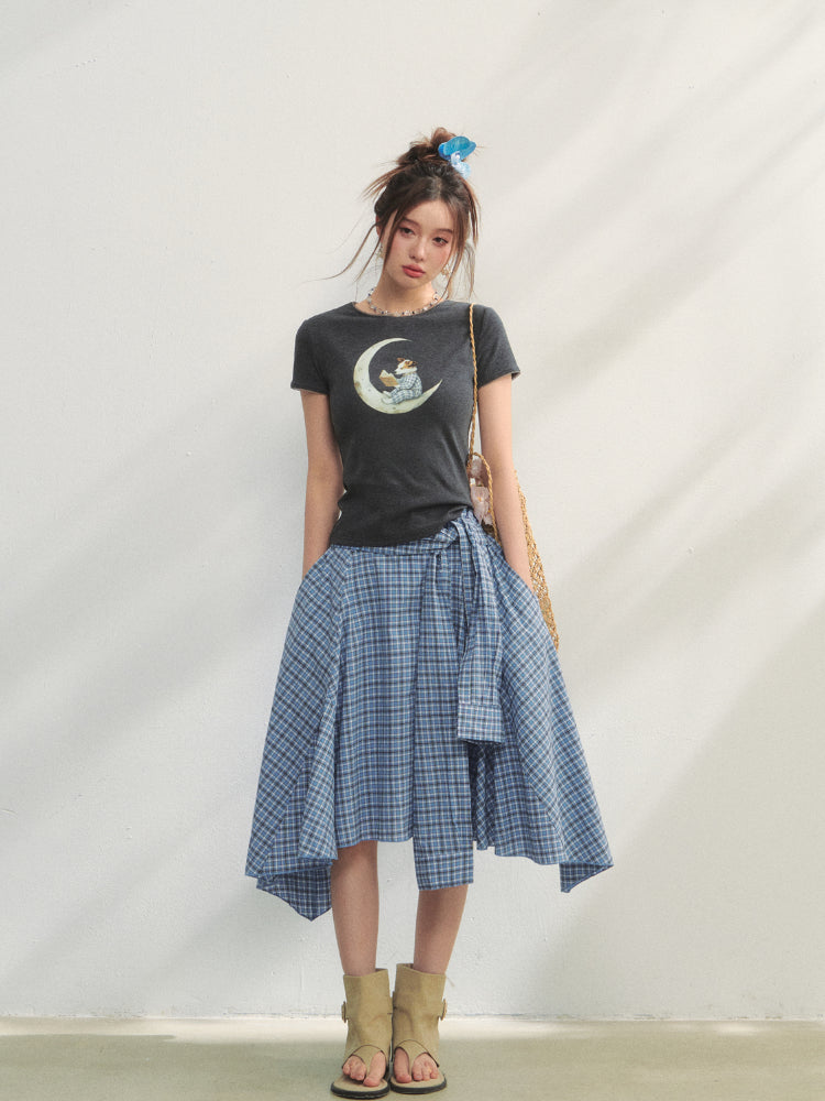 Blue Checkered Irregular Tie-Waist Skirt