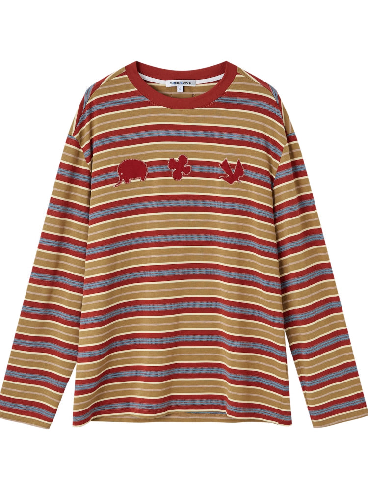 Color-Block Applique Embroidered Striped Long-Sleeve T-Shirt