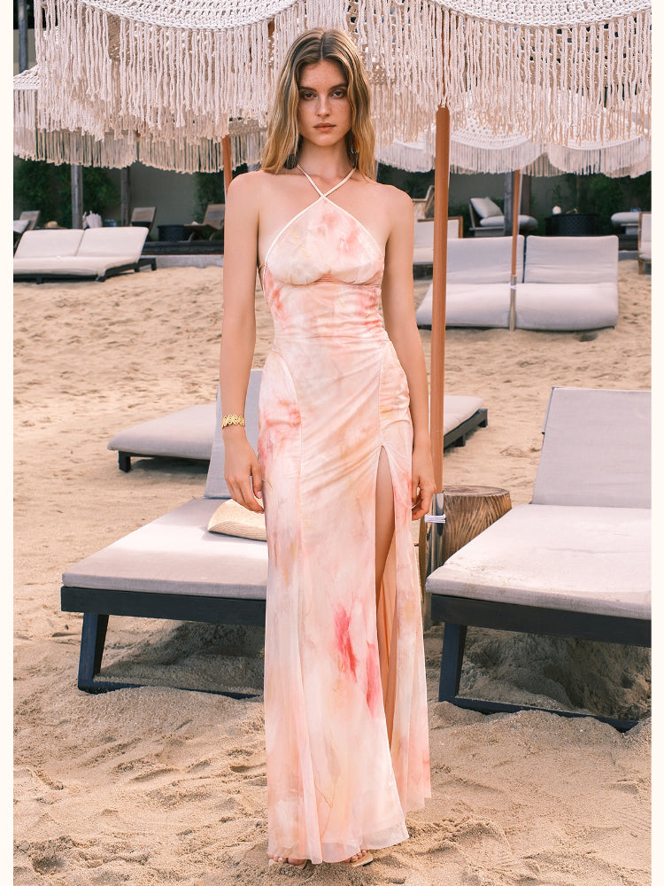 Net Fabric Halter Neck Backless High Slit Floral Print Dress