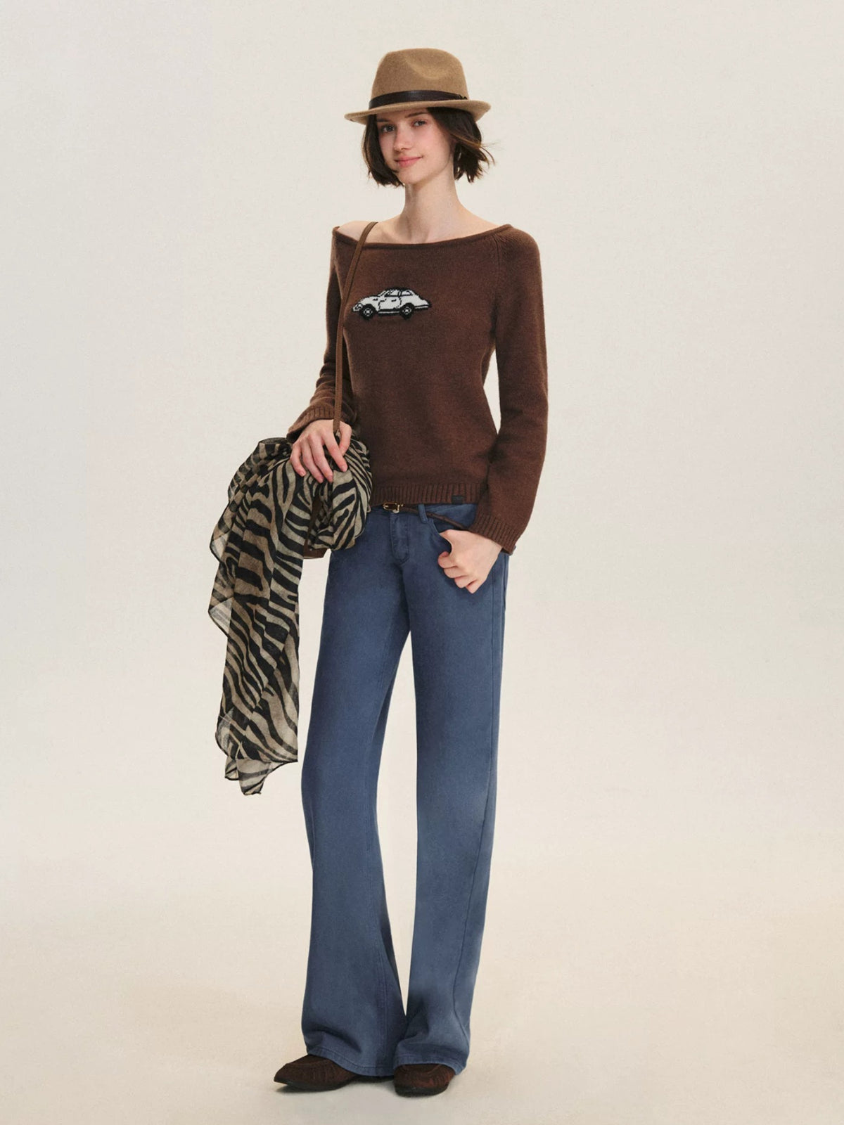 Car Motif Off Shoulder Sweater