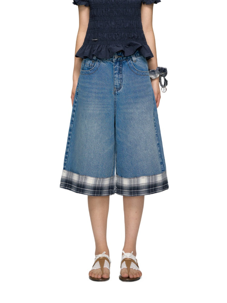 Checkered Patchwork Color-Blocking Wide-Leg Pants Set