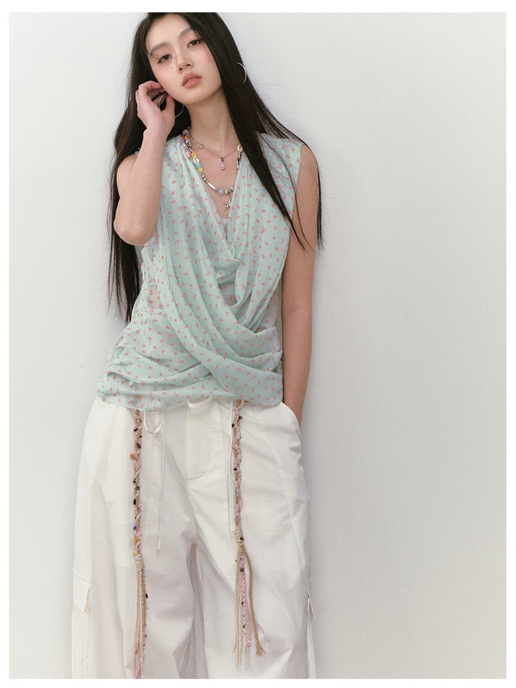 Small Floral Cowl Neck Sleeveless Tank Top