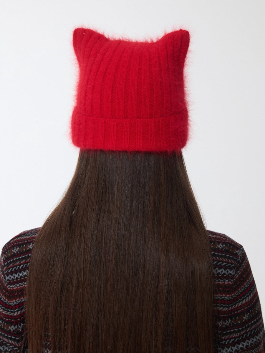 Knitted Cat-Ear Beanie with Hand-Stitched Label