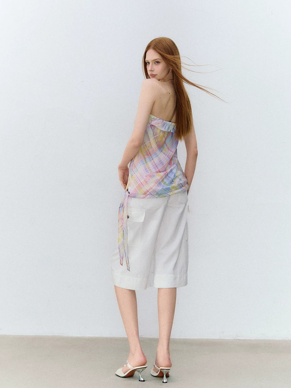Iridescent Plaid Ruffle Bandeau Top