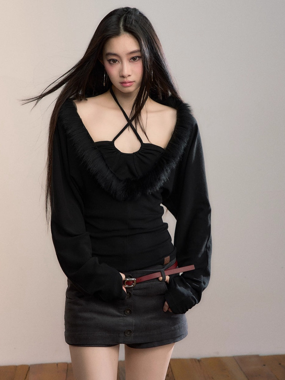 Fox-Trim Halter Knit Top