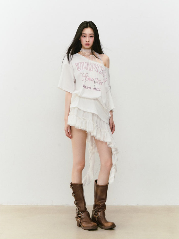 Off-shoulder Letter Hollow-out Spliced T-shirt