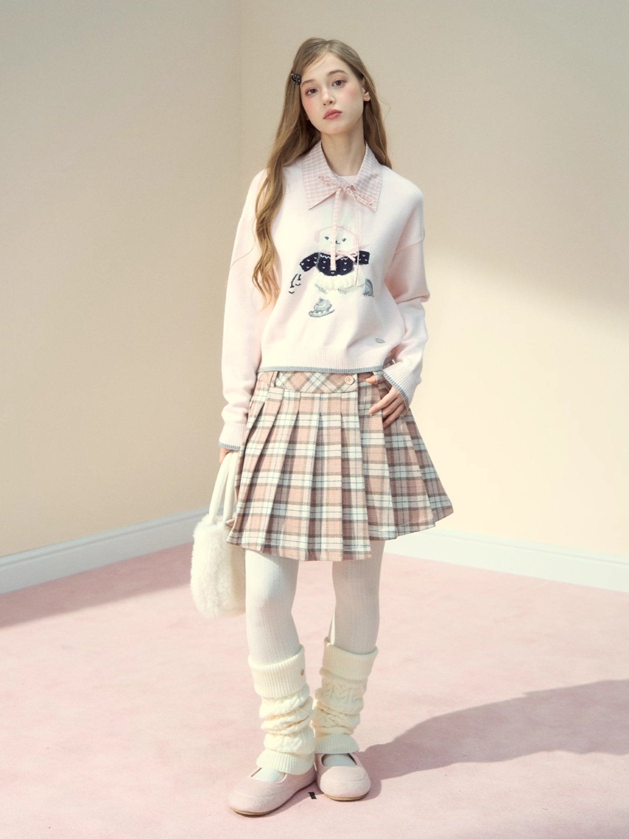 Pink Plaid 60% Wool Pleated Skirt