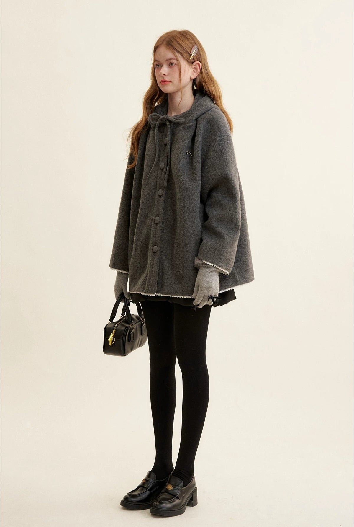 Gray Bow Hooded Cape Coat