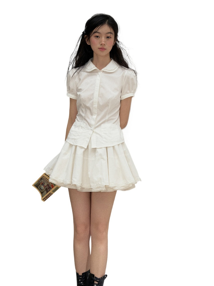 Cotton Lace Embroidered Collar Shirt & Skirt Set