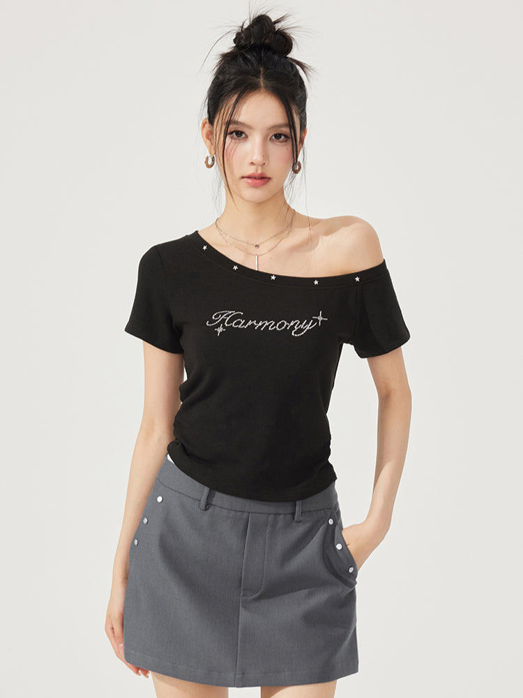 High-Elasticity Star-Studded Diagonal Shoulder T-Shirt