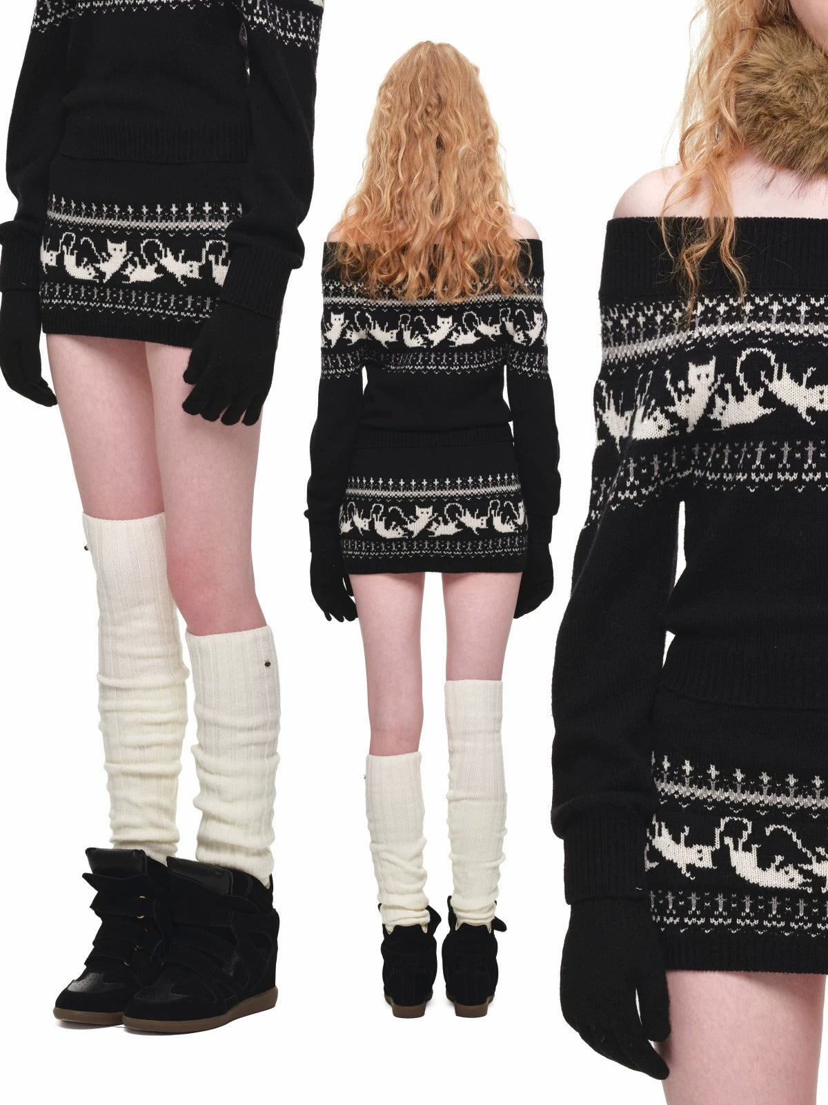 Fair Isle Jacquard Knit Cardigan & Skirt Set