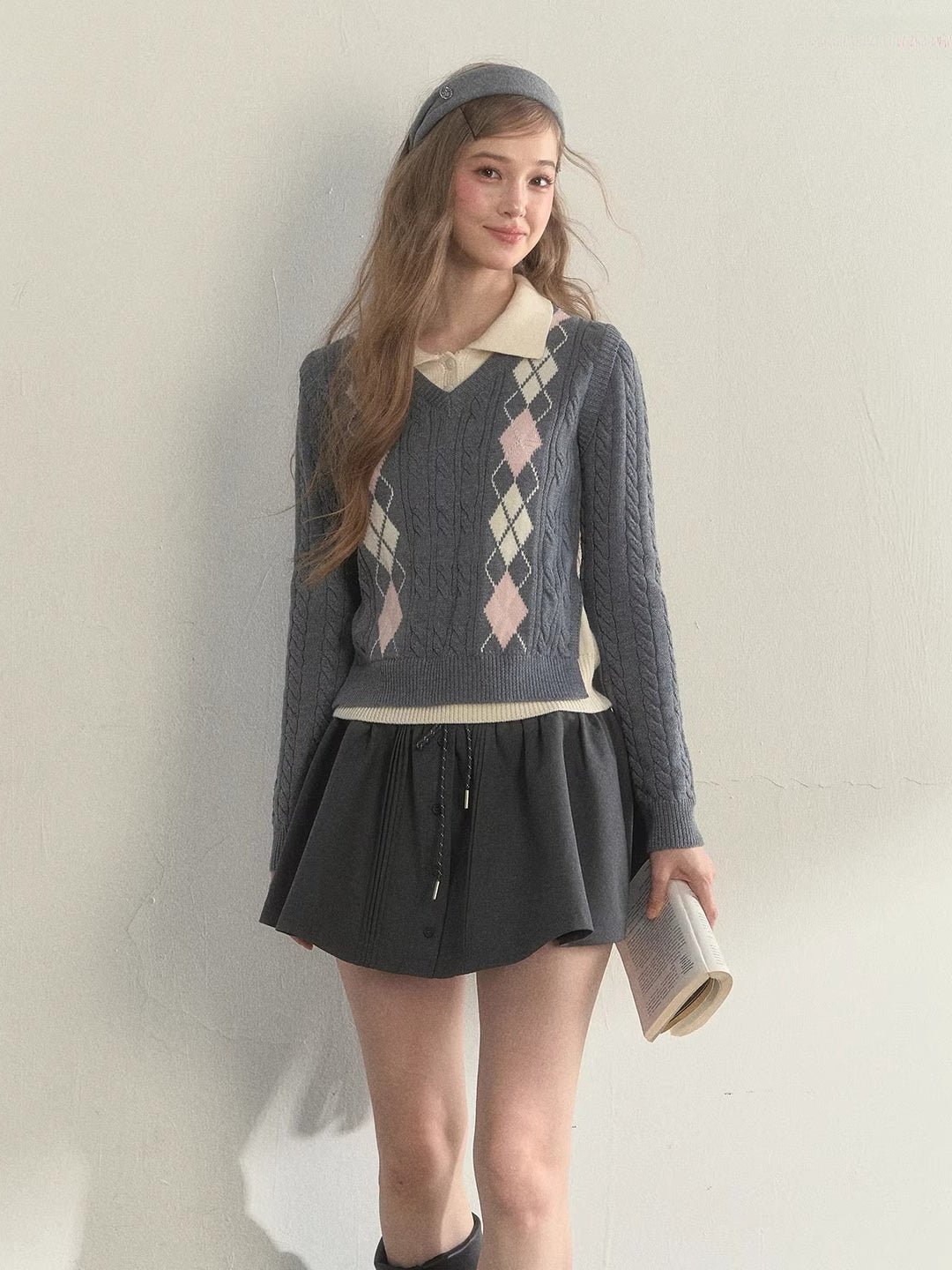 Argyle Cable Faux Two-Piece Sweater