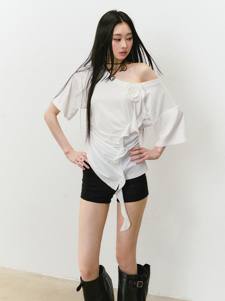 Asymmetric Shoulder 3D Floral T-shirt