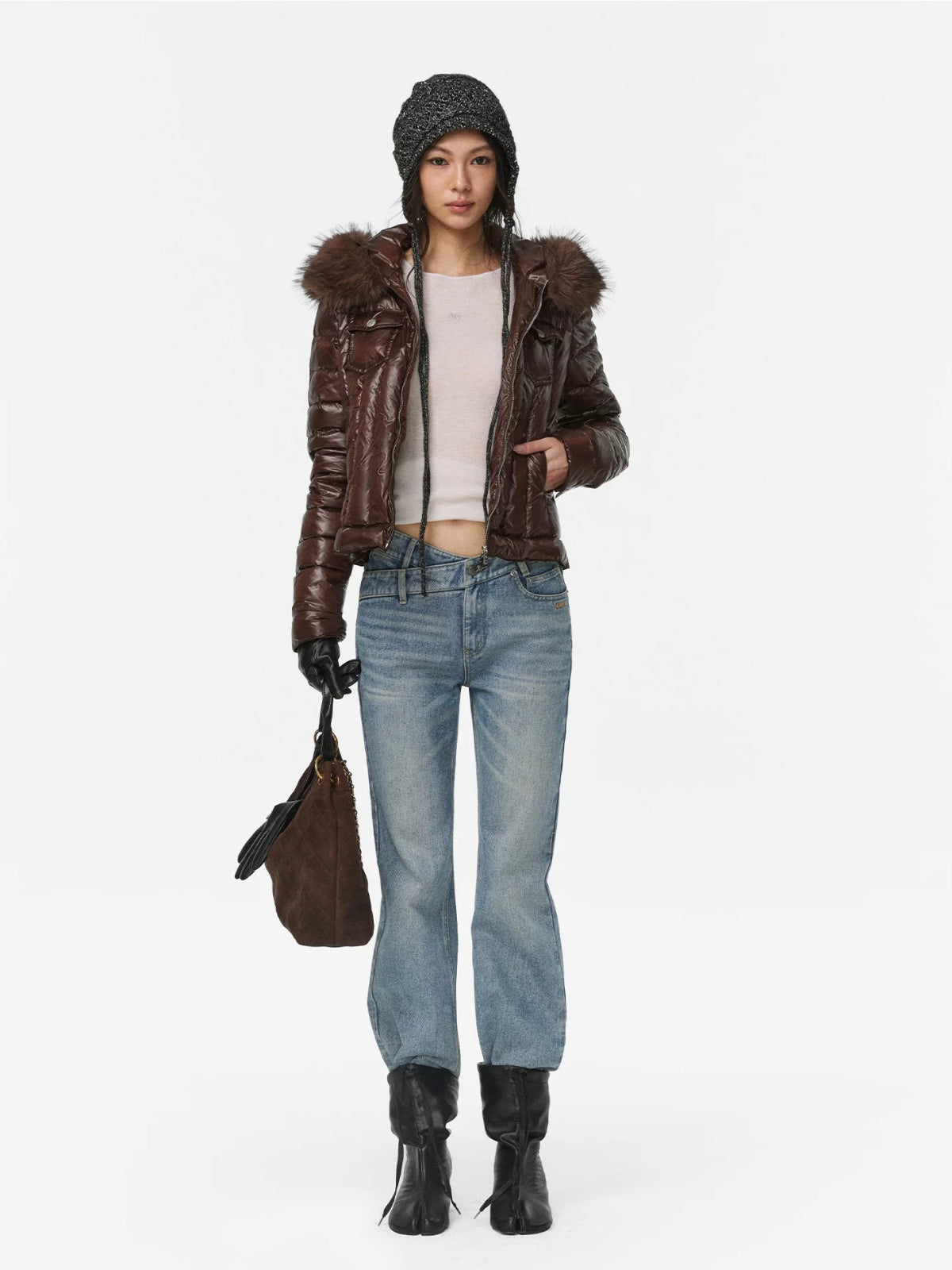 Denim Trim Fur-Collar Down Jacket