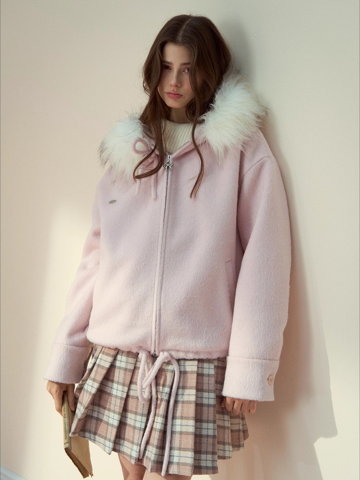 Pink Plaid 60% Wool Pleated Skirt