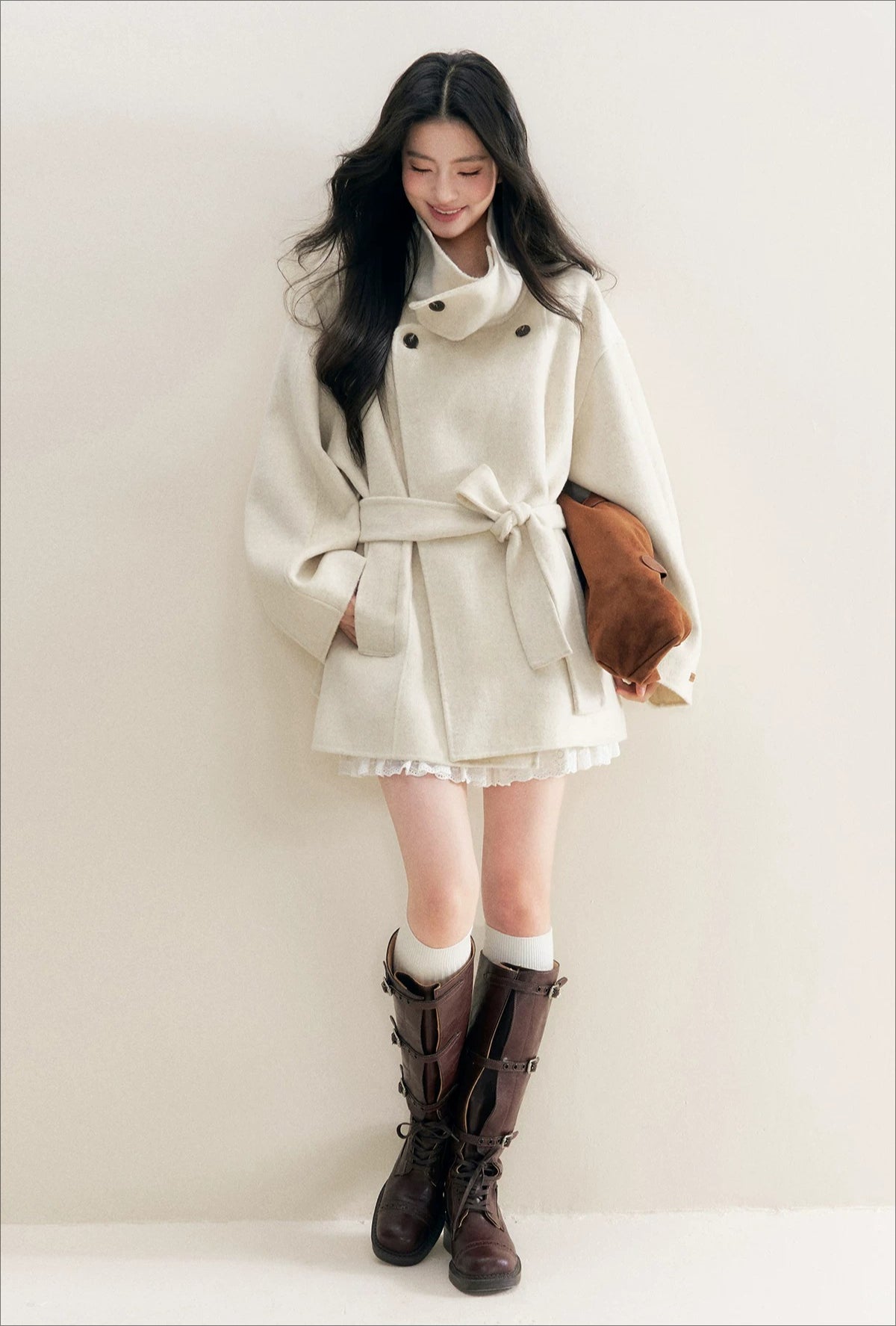 White Stand Collar Wool Coat