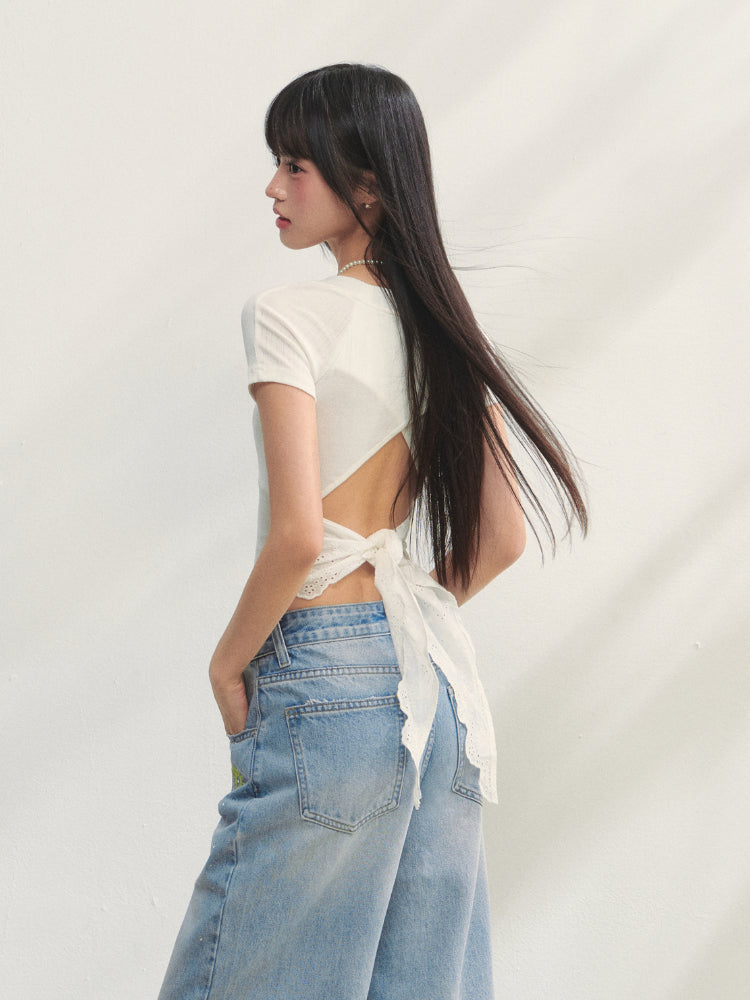 Crew Neck Printed Backless Embroidered T-Shirt