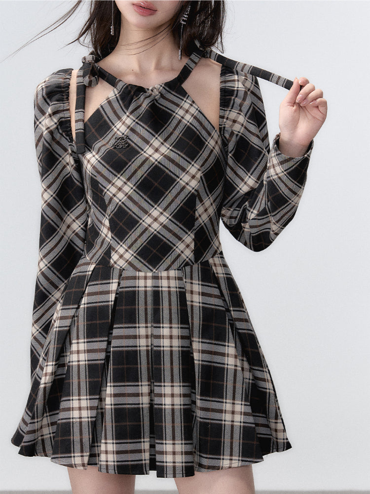 Black Plaid A-line Halter Mini Dress