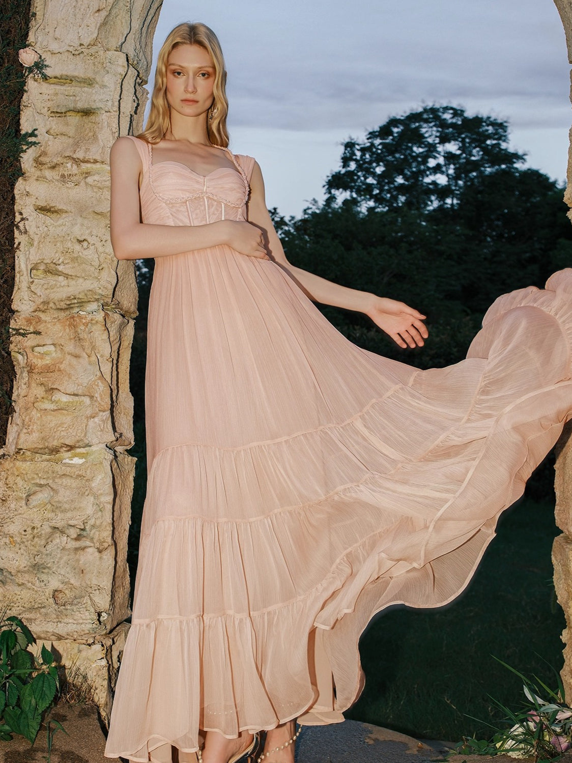 Tia Beaded Crochet Pleated Mesh Halter Dress